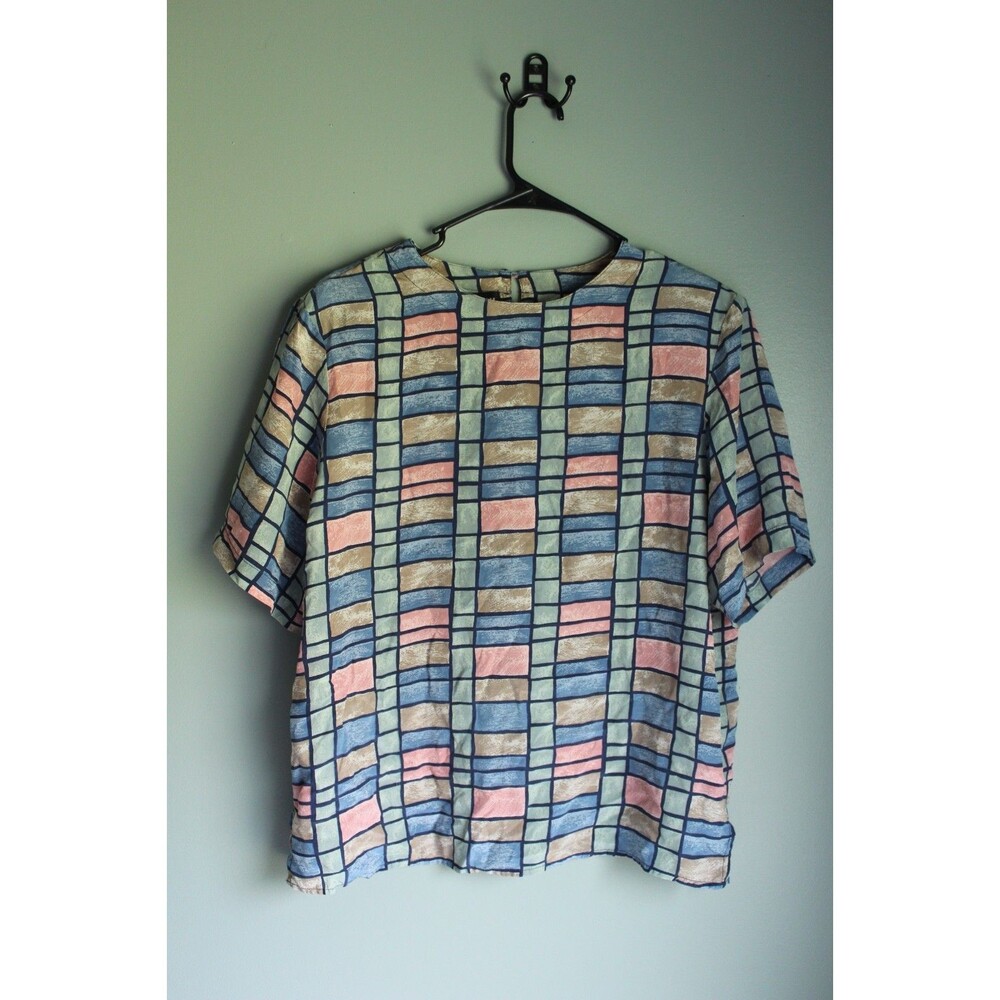 Vintage Quo-Silk Womens Large 100% Silk Blouse Pastel Geometric Shoulder Pads